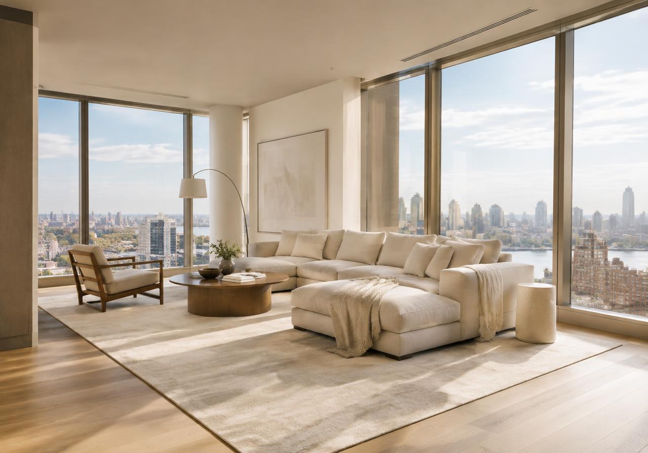 Sala de estar clara com janelas do piso ao teto e vista para a cidade