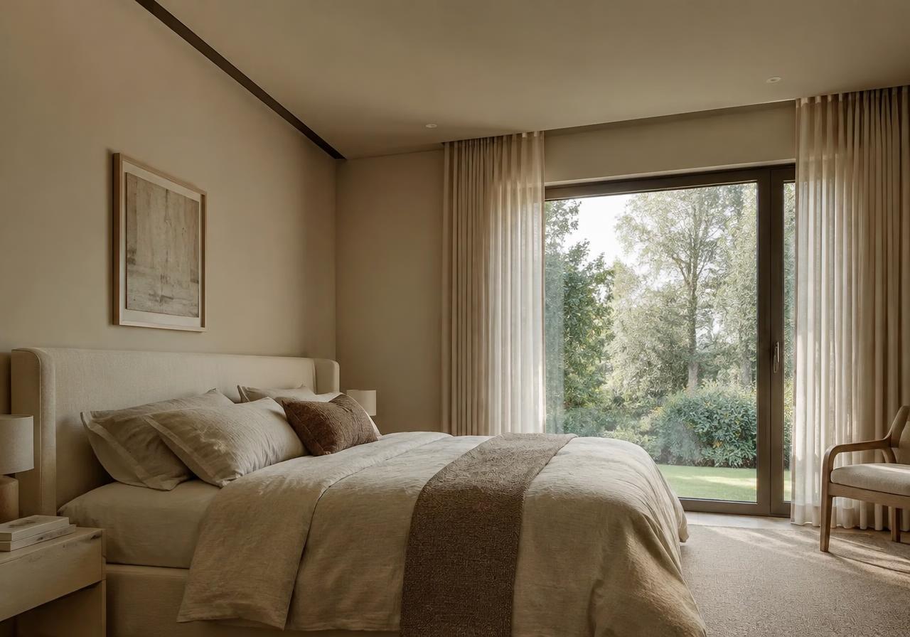 Suíte serena com roupa de cama de linho e janela para o jardim
