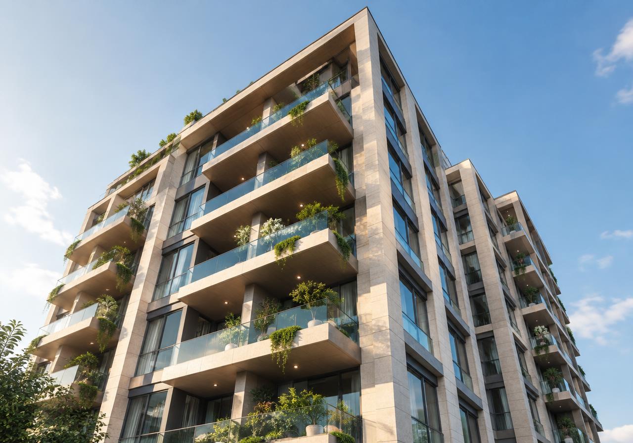 Fachada de edifício residencial com varandas ajardinadas