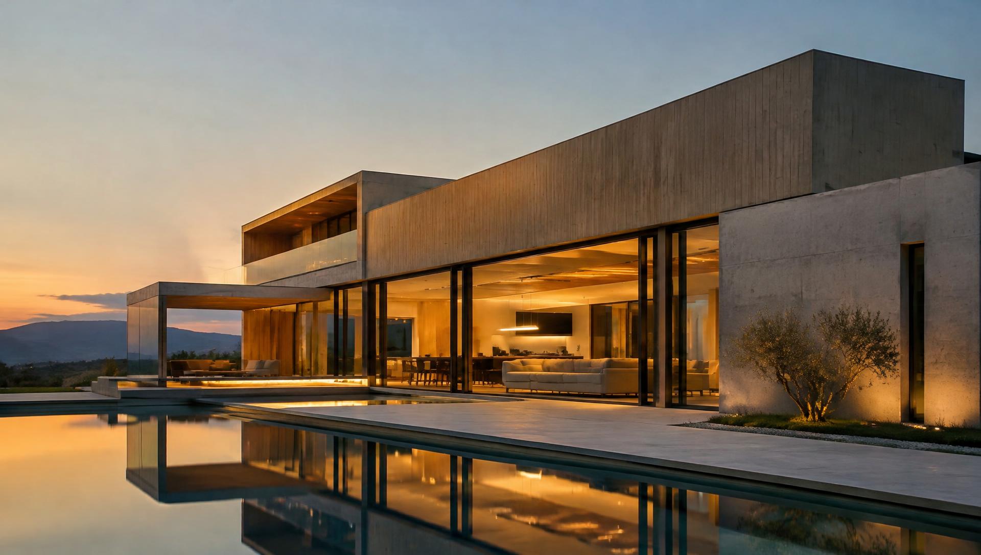 Casa contemporânea de concreto e vidro ao entardecer, com espelho d'água