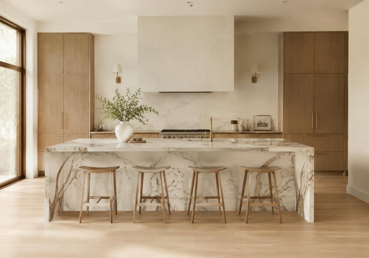 Cozinha minimalista com ilha de mármore e armários de carvalho