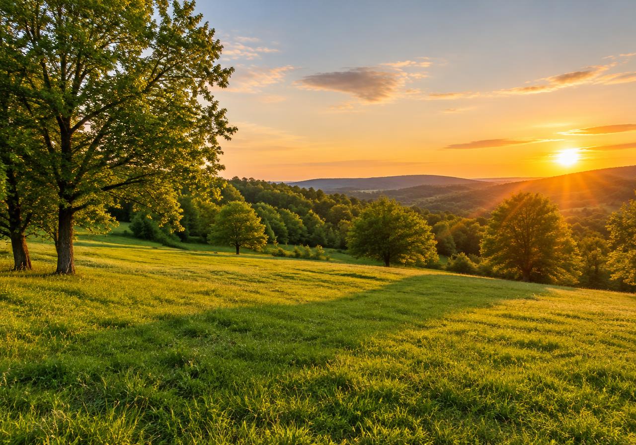 Terreno gramado com árvores e colinas ao pôr do sol
